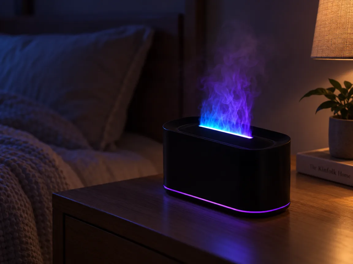 Flame diffuser glowing blue and violet on a nightstand