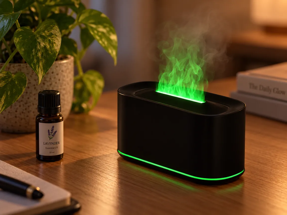 Flame diffuser with green flame on a desk beside a plant