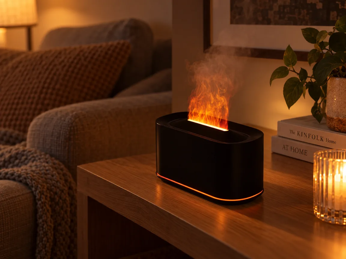 Flame diffuser glowing amber on a living room shelf